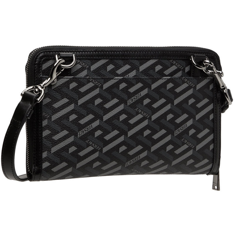 NEW $1415 VERSACE Black Gray LA GRECA Coated Canvas BAG w/ STRAP & 2 POUCHES SET