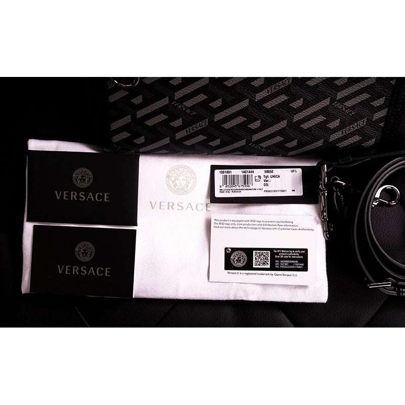 NEW $1415 VERSACE Black Gray LA GRECA Coated Canvas BAG w/ STRAP & 2 POUCHES SET