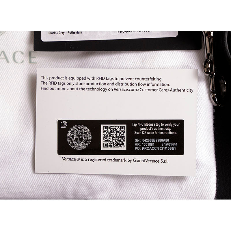 NEW $1415 VERSACE Black Gray LA GRECA Coated Canvas BAG w/ STRAP & 2 POUCHES SET