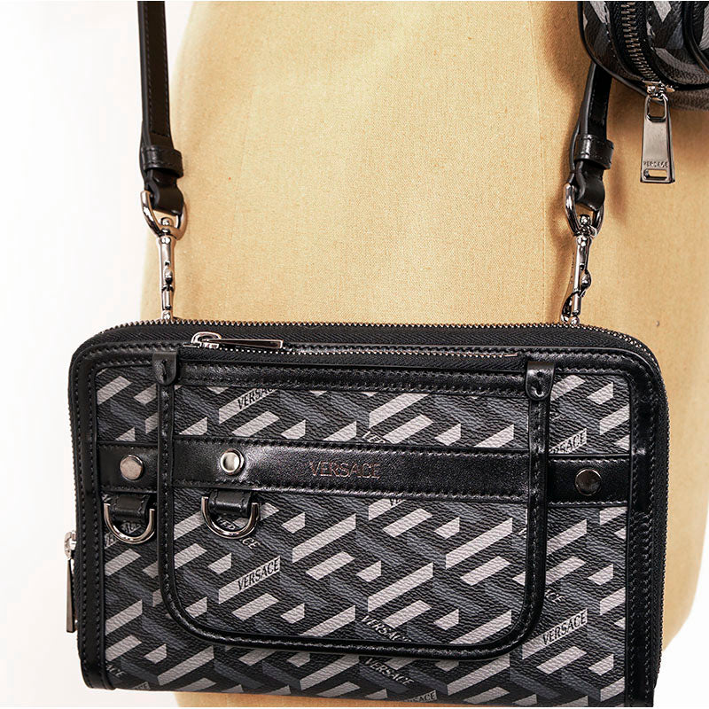 NEW $1415 VERSACE Black Gray LA GRECA Coated Canvas BAG w/ STRAP & 2 POUCHES SET
