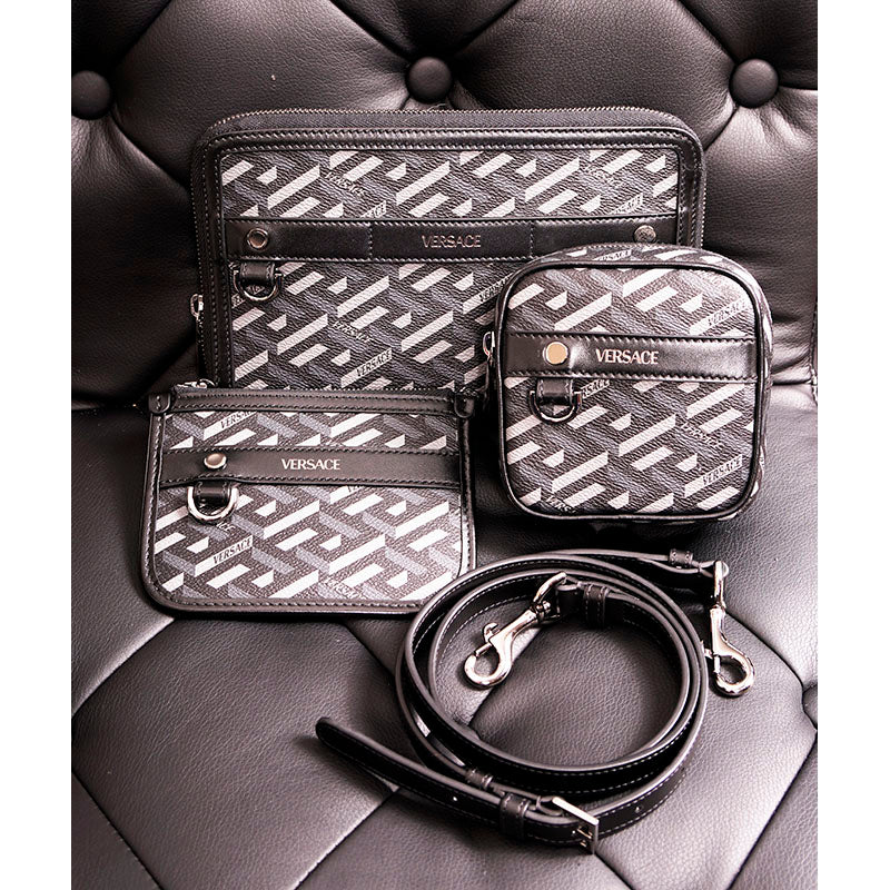 NEW $1415 VERSACE Black Gray LA GRECA Coated Canvas BAG w/ STRAP & 2 POUCHES SET
