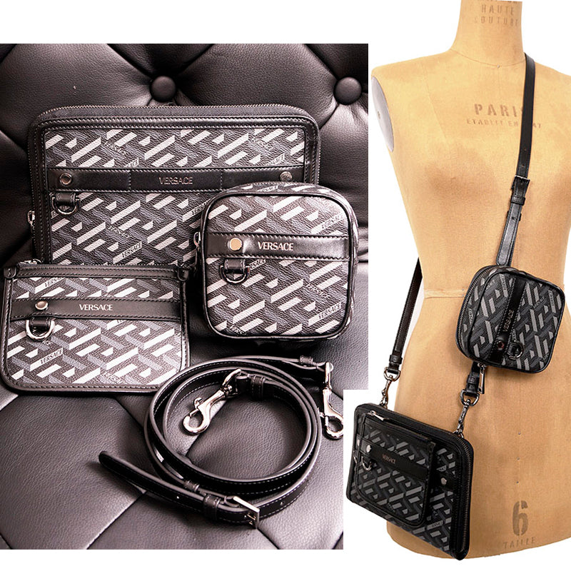 NEW $1415 VERSACE Black Gray LA GRECA Coated Canvas BAG w/ STRAP & 2 POUCHES SET