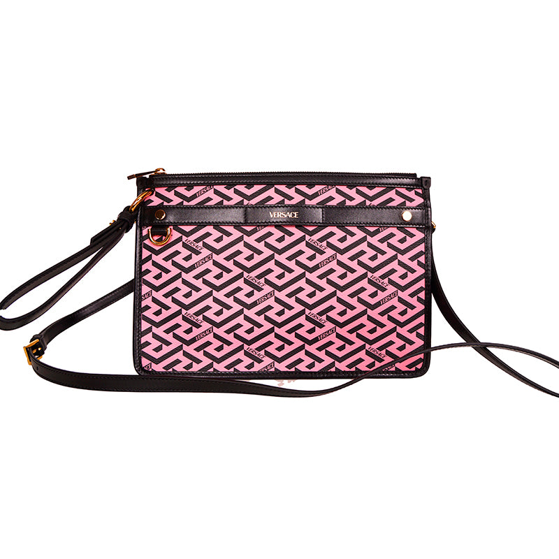 NEW $1,190 VERSACE Pink & Black LA GRECA Signature MEDIUM Pouch CROSSBODY BAG