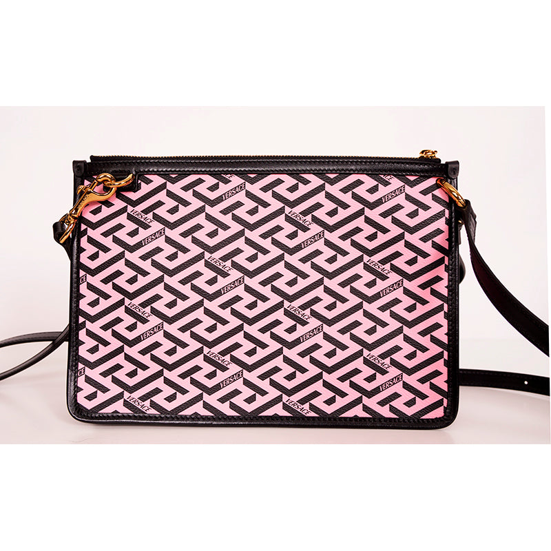 NEW $1,190 VERSACE Pink & Black LA GRECA Signature MEDIUM Pouch CROSSBODY BAG
