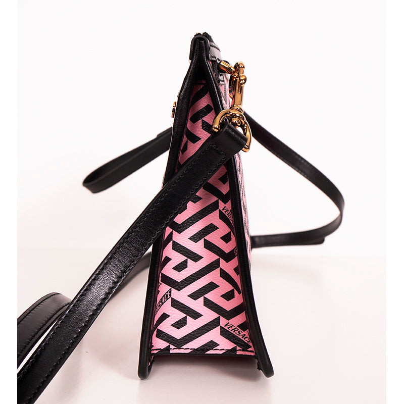 NEW $1,190 VERSACE Pink & Black LA GRECA Signature MEDIUM Pouch CROSSBODY BAG