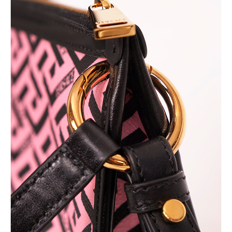 NEW $1,190 VERSACE Pink & Black LA GRECA Signature MEDIUM Pouch CROSSBODY BAG