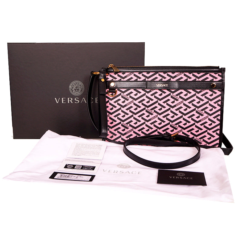 NEW $1,190 VERSACE Pink & Black LA GRECA Signature MEDIUM Pouch CROSSBODY BAG