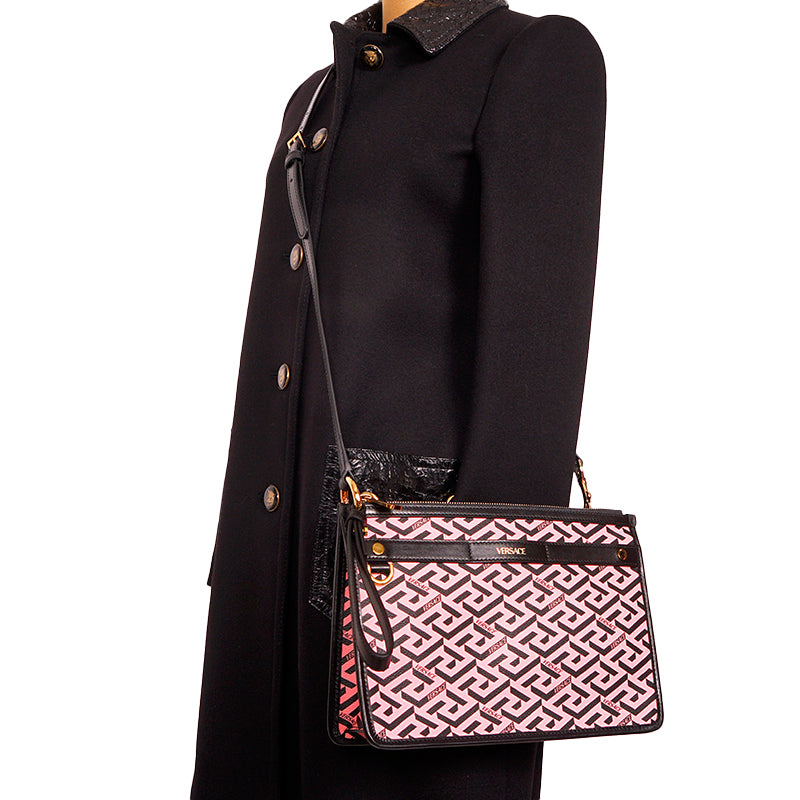NEW $1,190 VERSACE Pink & Black LA GRECA Signature MEDIUM Pouch CROSSBODY BAG