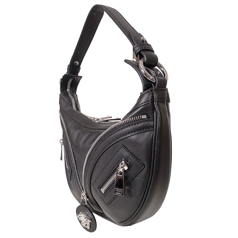NEW VERSACE $1650 Black Leather RUNWAY REPEAT MINI HOBO BAG & CROSSBODY TRAP NWT