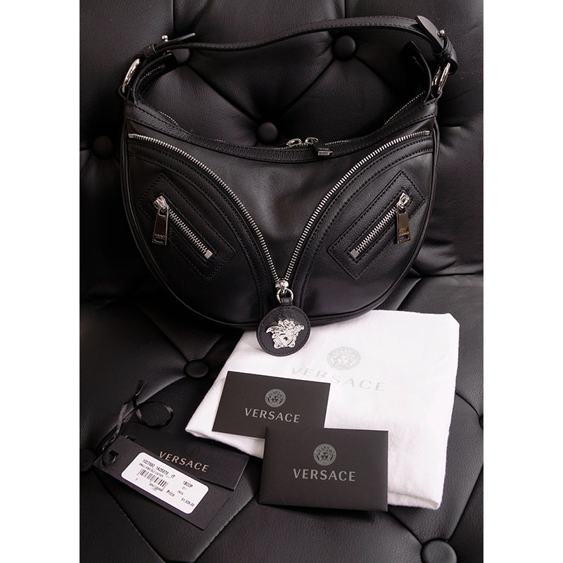 NEW VERSACE $1650 Black Leather RUNWAY REPEAT MINI HOBO BAG & CROSSBODY TRAP NWT