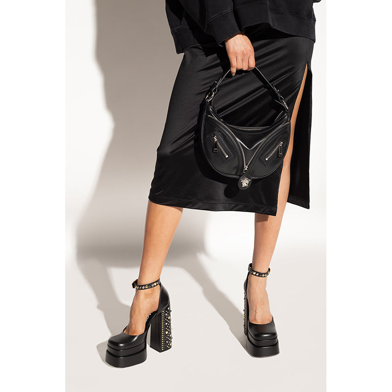 NEW VERSACE $1650 Black Leather RUNWAY REPEAT MINI HOBO BAG & CROSSBODY TRAP NWT