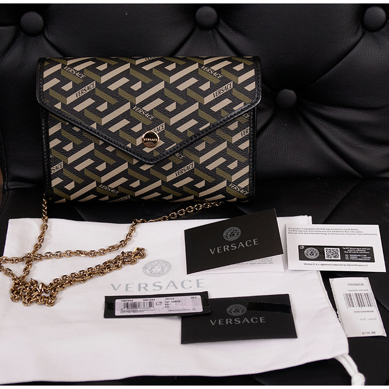 NEW $775 VERSACE Coated Canvas Green LA GRECA Small Crossbody Envelope BAG NWT