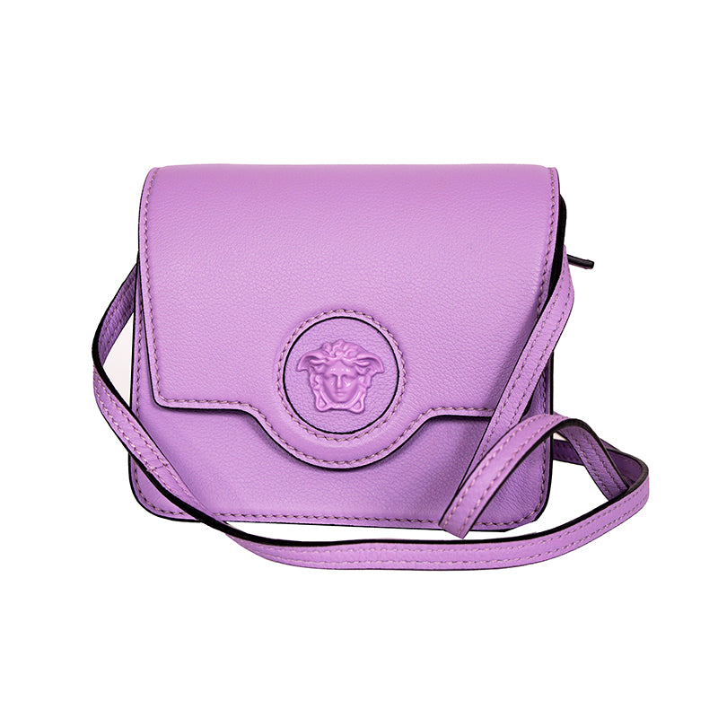 NEW $1550 VERSACE Lilac Purple Leather LA MEDUSA LOGO Crossbody SMALL FLAP BAG