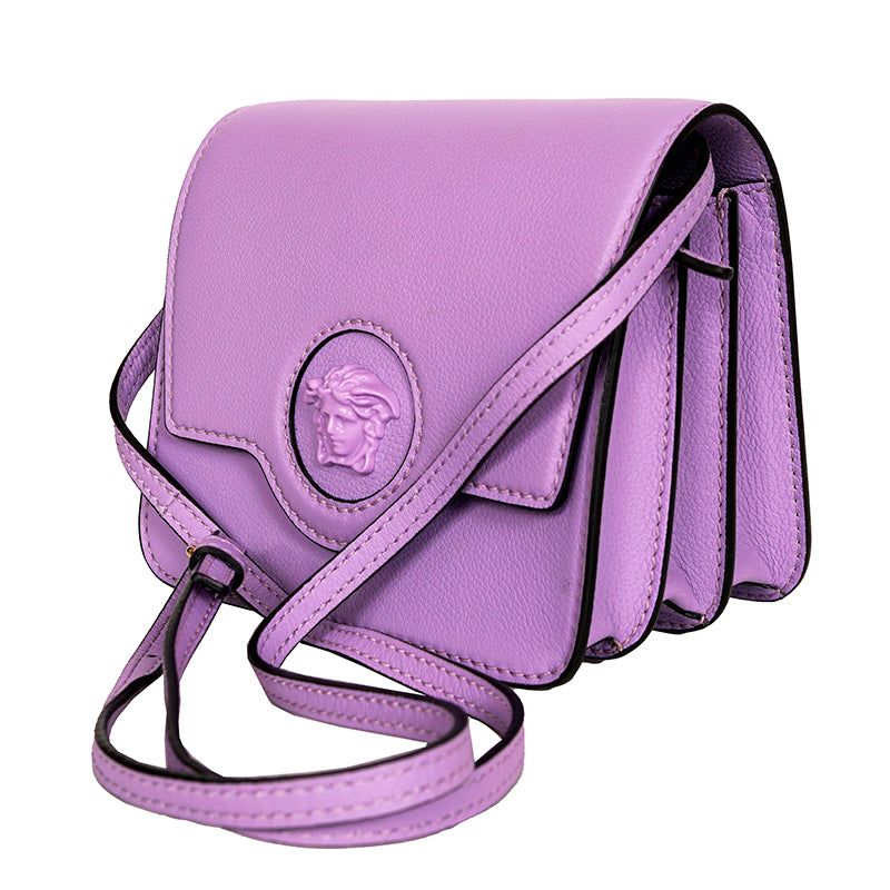 NEW $1550 VERSACE Lilac Purple Leather LA MEDUSA LOGO Crossbody SMALL FLAP BAG