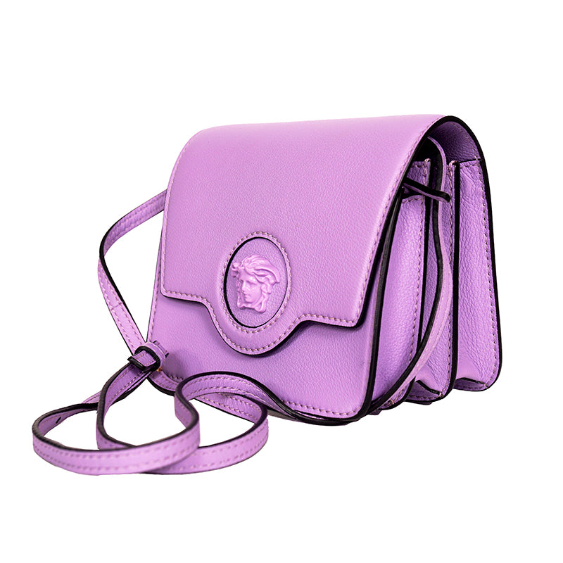 NEW $1550 VERSACE Lilac Purple Leather LA MEDUSA LOGO Crossbody SMALL FLAP BAG