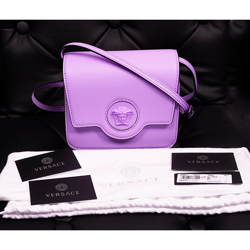 NEW $1550 VERSACE Lilac Purple Leather LA MEDUSA LOGO Crossbody SMALL FLAP BAG