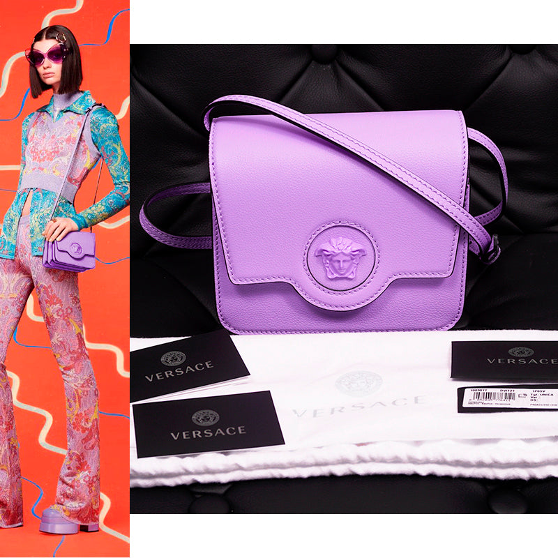 NEW $1550 VERSACE Lilac Purple Leather LA MEDUSA LOGO Crossbody SMALL FLAP BAG