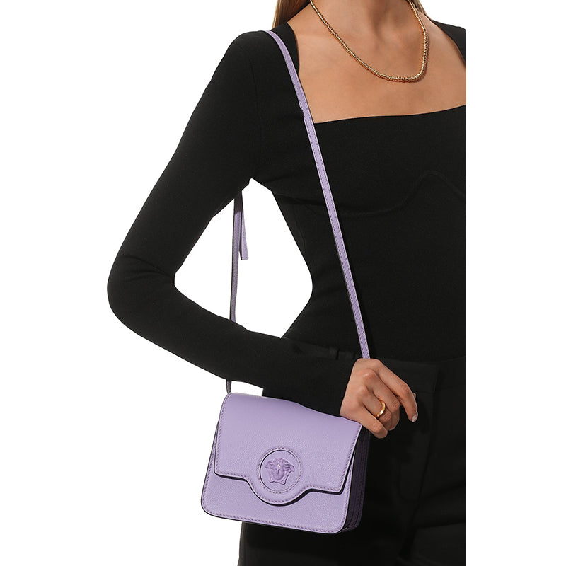 NEW $1550 VERSACE Lilac Purple Leather LA MEDUSA LOGO Crossbody SMALL FLAP BAG