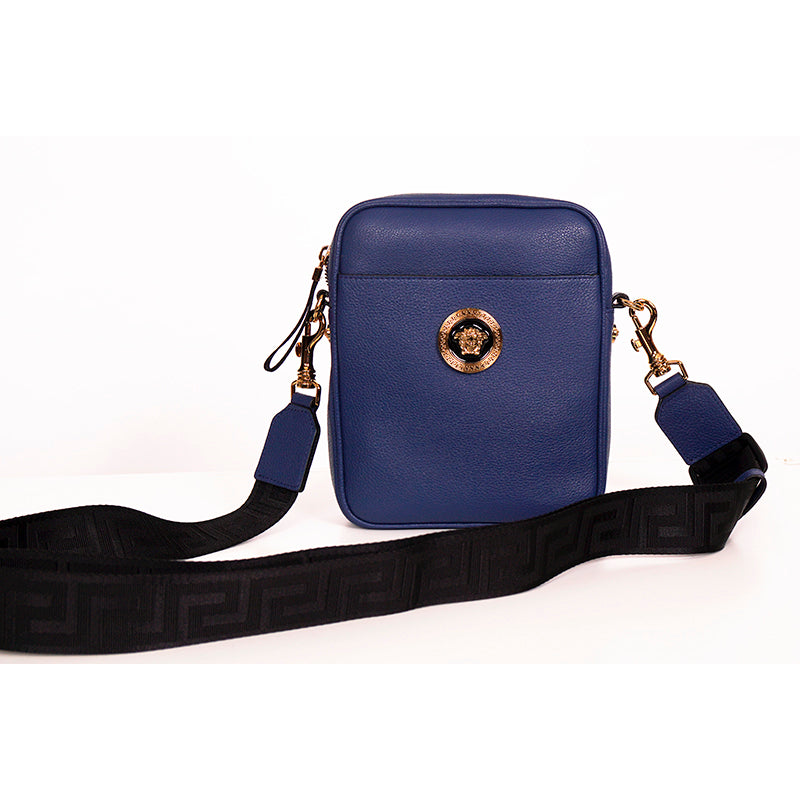 NEW $1,400 VERSACE Men Blue Leather GOLD MEDUSA LOGO Crossbody GRECA STRAP BAG