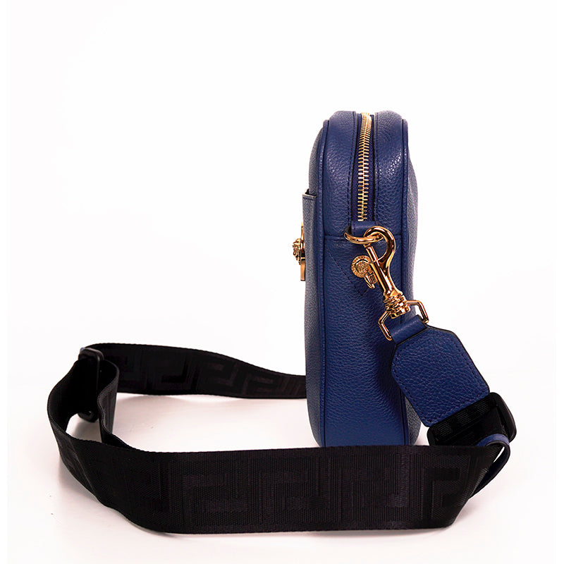 NEW $1,400 VERSACE Men Blue Leather GOLD MEDUSA LOGO Crossbody GRECA STRAP BAG