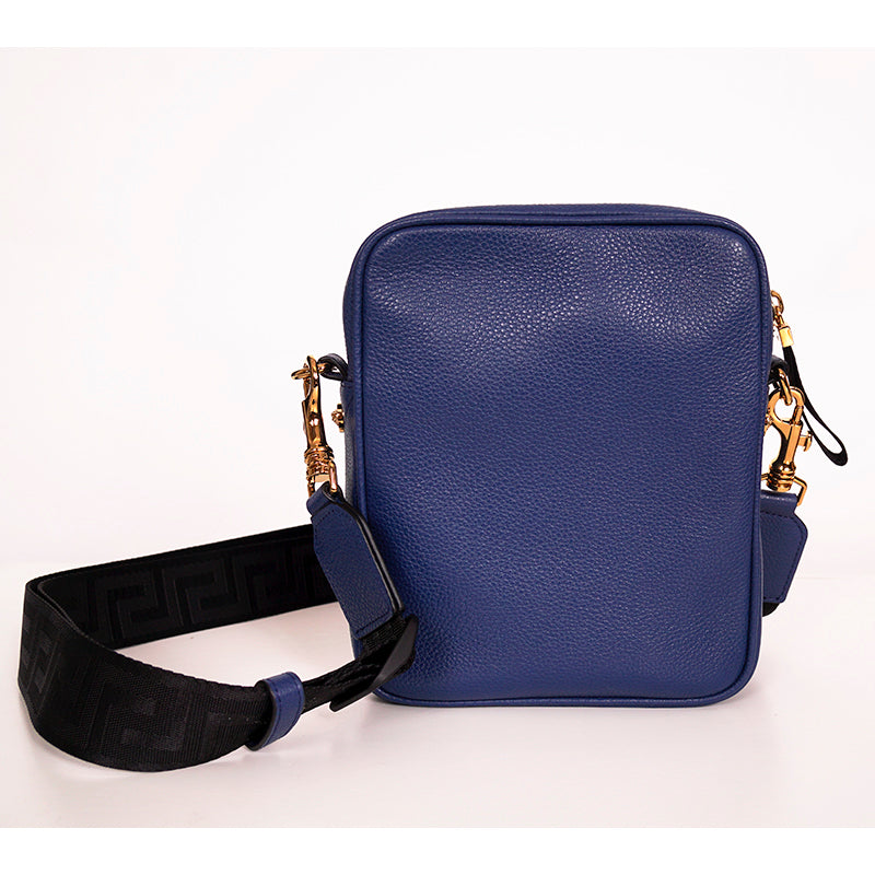 NEW $1,400 VERSACE Men Blue Leather GOLD MEDUSA LOGO Crossbody GRECA STRAP BAG