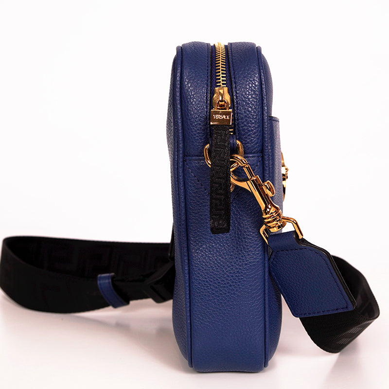 NEW $1,400 VERSACE Men Blue Leather GOLD MEDUSA LOGO Crossbody GRECA STRAP BAG