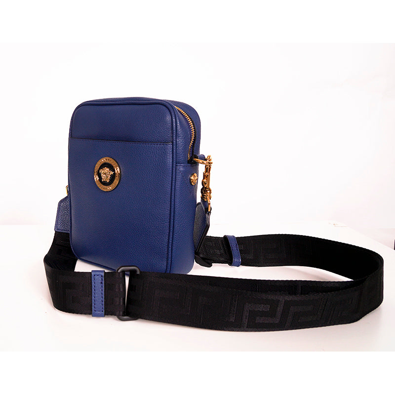NEW $1,400 VERSACE Men Blue Leather GOLD MEDUSA LOGO Crossbody GRECA STRAP BAG