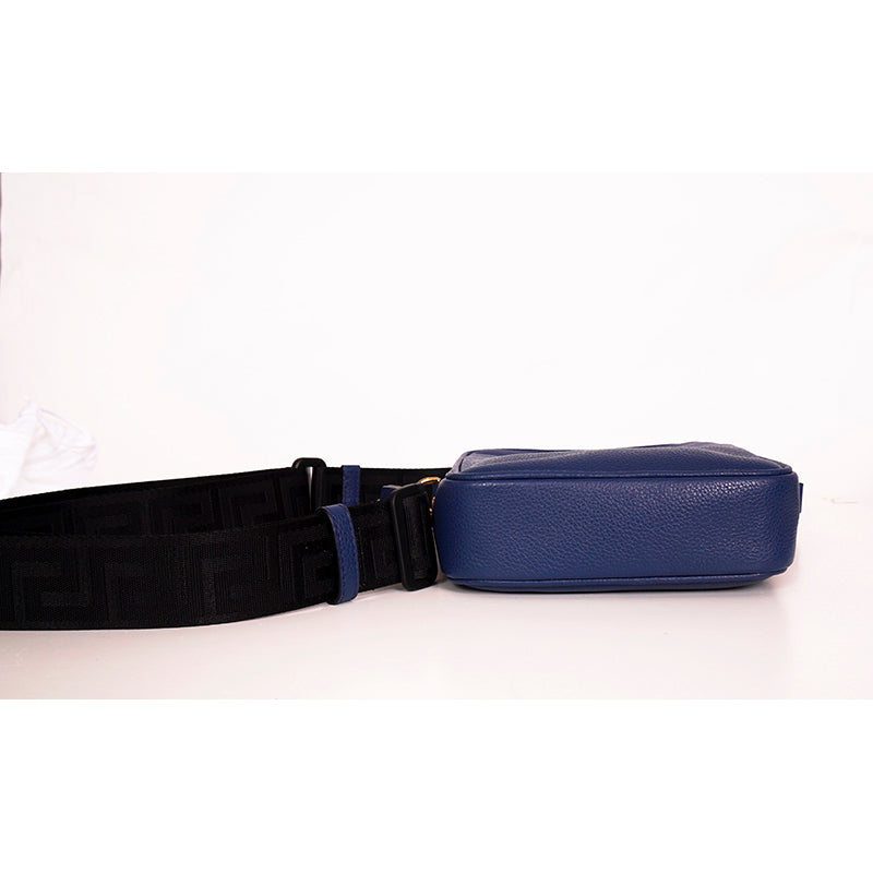 NEW $1,400 VERSACE Men Blue Leather GOLD MEDUSA LOGO Crossbody GRECA STRAP BAG