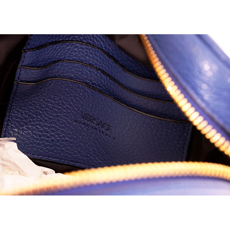 NEW $1,400 VERSACE Men Blue Leather GOLD MEDUSA LOGO Crossbody GRECA STRAP BAG