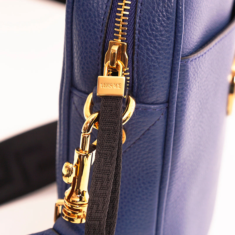 NEW $1,400 VERSACE Men Blue Leather GOLD MEDUSA LOGO Crossbody GRECA STRAP BAG