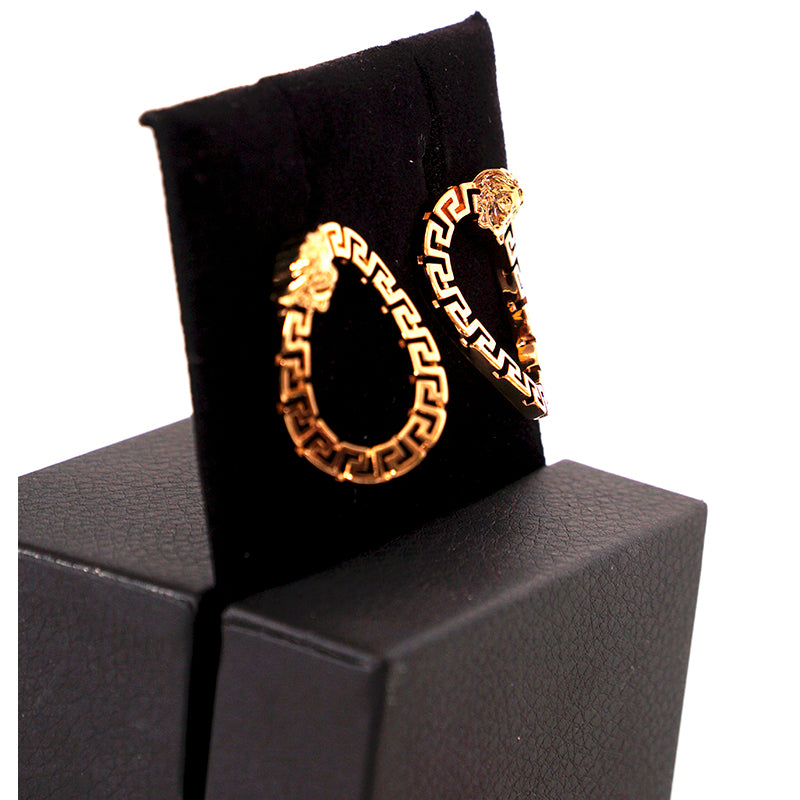 NEW $450 VERSACE Gold Tone Brass GRECA MEDUSA LOGO CURVED LINK Pierced EARRINGS