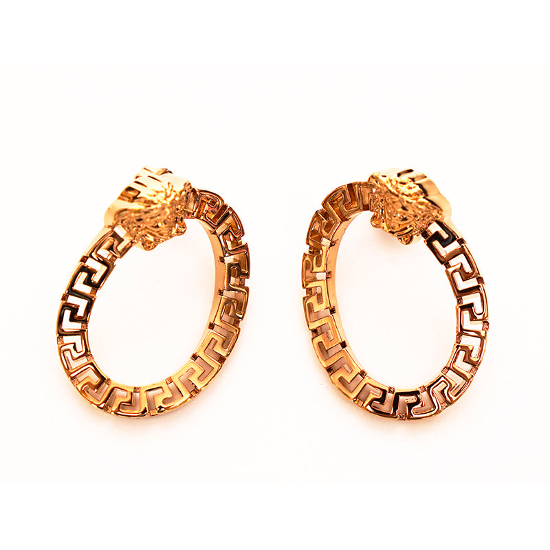 NEW $450 VERSACE Gold Tone Brass GRECA MEDUSA LOGO CURVED LINK Pierced EARRINGS