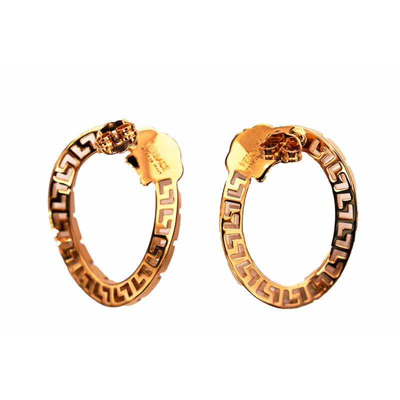 NEW $450 VERSACE Gold Tone Brass GRECA MEDUSA LOGO CURVED LINK Pierced EARRINGS