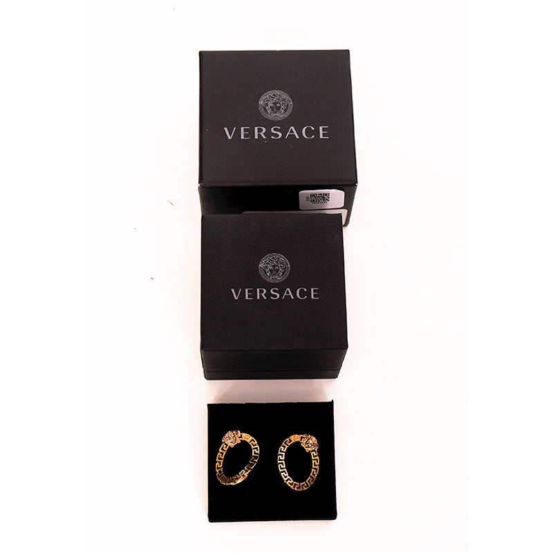 NEW $450 VERSACE Gold Tone Brass GRECA MEDUSA LOGO CURVED LINK Pierced EARRINGS