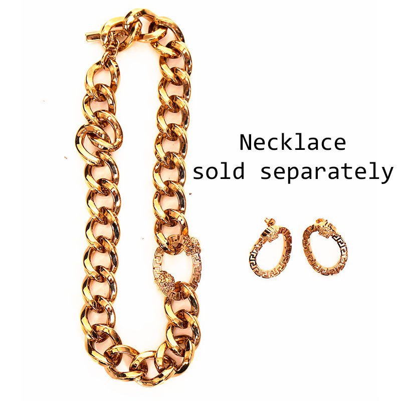 NEW $450 VERSACE Gold Tone Brass GRECA MEDUSA LOGO CURVED LINK Pierced EARRINGS