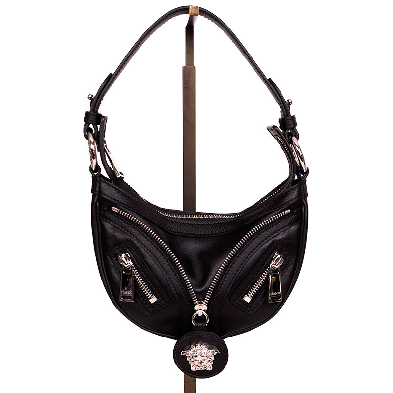 NEW VERSACE $1650 Black Leather RUNWAY REPEAT MINI HOBO BAG & CROSSBODY TRAP NWT