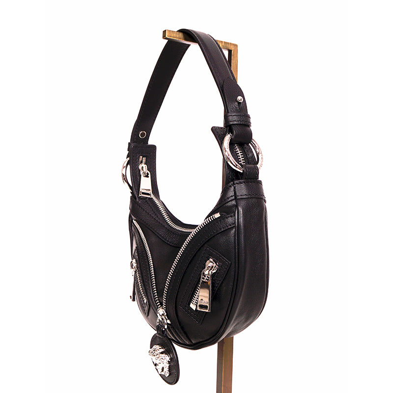 NEW VERSACE $1650 Black Leather RUNWAY REPEAT MINI HOBO BAG & CROSSBODY TRAP NWT