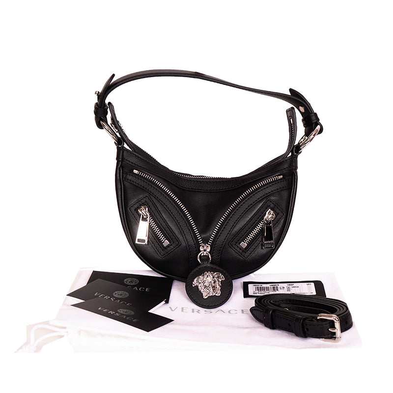 NEW VERSACE $1650 Black Leather RUNWAY REPEAT MINI HOBO BAG & CROSSBODY TRAP NWT