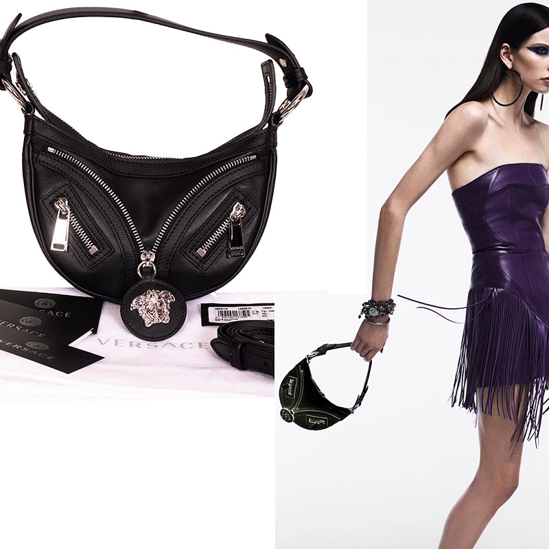 NEW VERSACE $1650 Black Leather RUNWAY REPEAT MINI HOBO BAG & CROSSBODY TRAP NWT