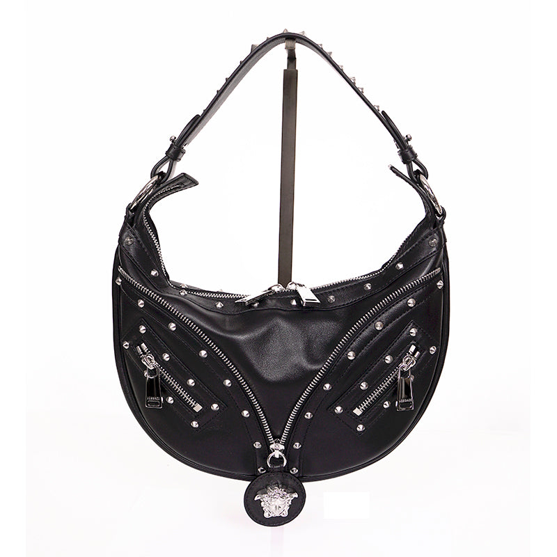 NEW VERSACE $2,175 Black Leather STUDDED RUNWAY REPEAT HOBO BAG & CROSSBODY TRAP