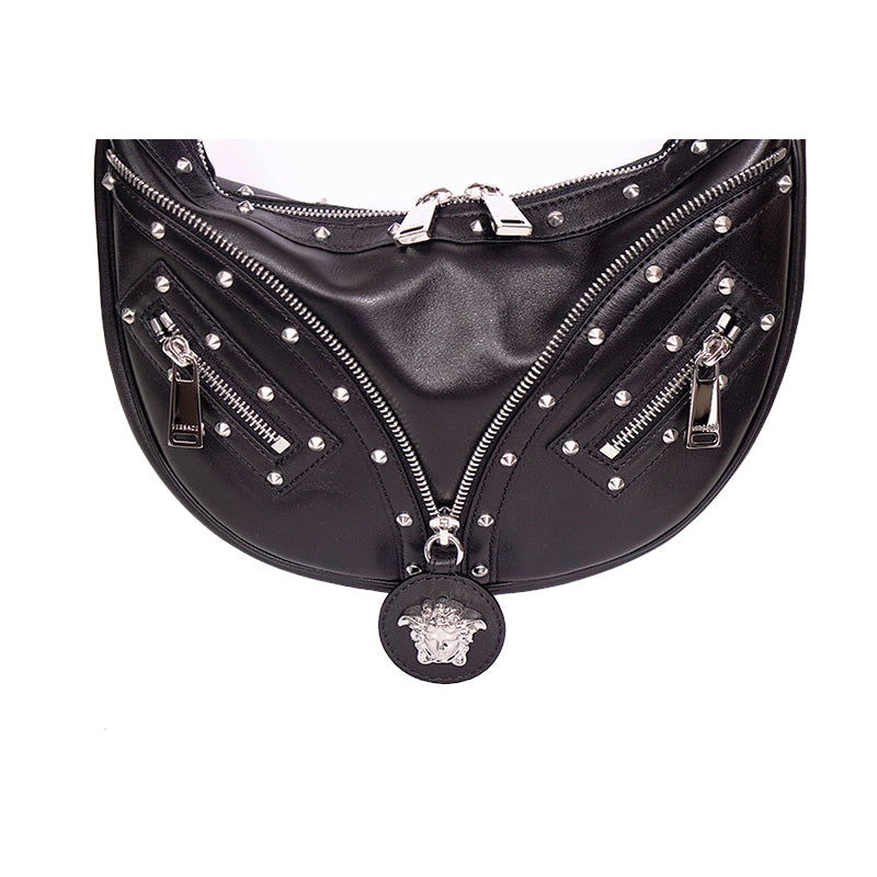NEW VERSACE $2,175 Black Leather STUDDED RUNWAY REPEAT HOBO BAG & CROSSBODY TRAP