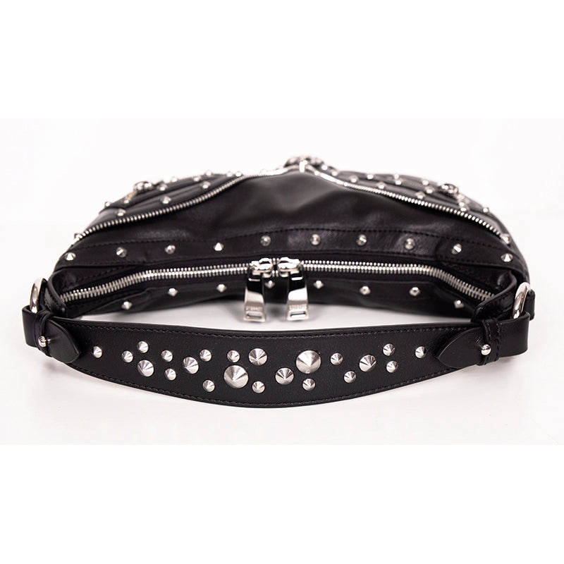 NEW VERSACE $2,175 Black Leather STUDDED RUNWAY REPEAT HOBO BAG & CROSSBODY TRAP