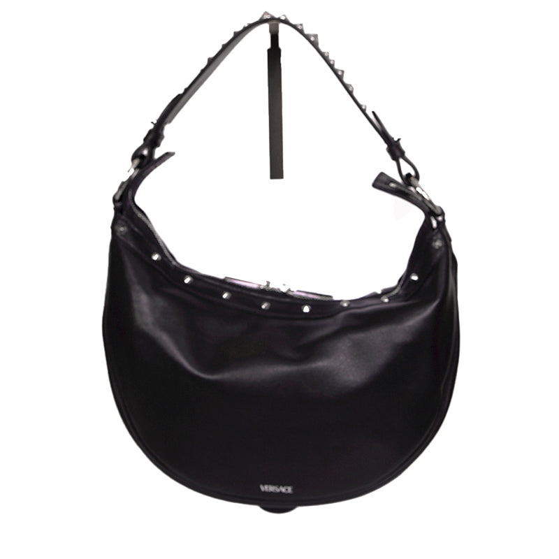 NEW VERSACE $2,175 Black Leather STUDDED RUNWAY REPEAT HOBO BAG & CROSSBODY TRAP