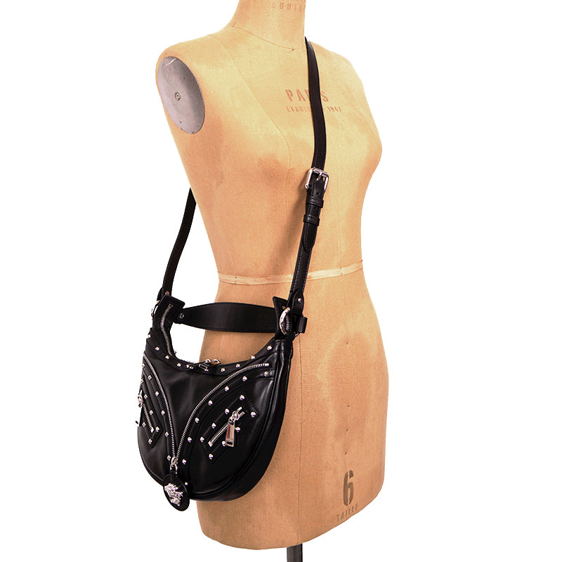 NEW VERSACE $2,175 Black Leather STUDDED RUNWAY REPEAT HOBO BAG & CROSSBODY TRAP