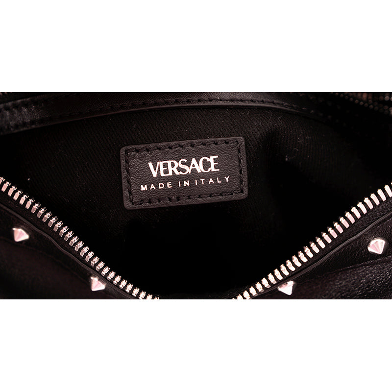 NEW VERSACE $2,175 Black Leather STUDDED RUNWAY REPEAT HOBO BAG & CROSSBODY TRAP