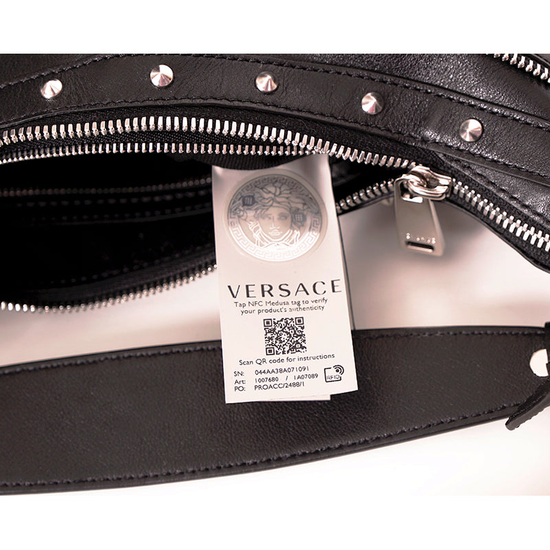 NEW VERSACE $2,175 Black Leather STUDDED RUNWAY REPEAT HOBO BAG & CROSSBODY TRAP
