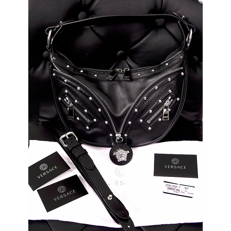 NEW VERSACE $2,175 Black Leather STUDDED RUNWAY REPEAT HOBO BAG & CROSSBODY TRAP