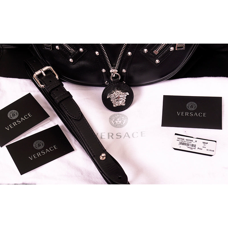 NEW VERSACE $2,175 Black Leather STUDDED RUNWAY REPEAT HOBO BAG & CROSSBODY TRAP