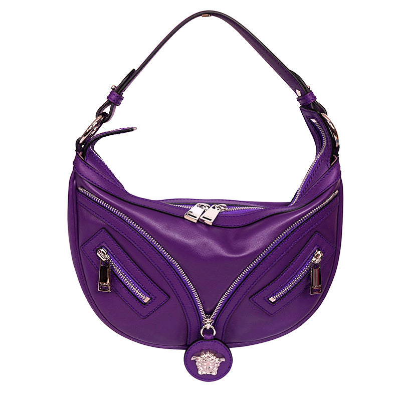 NEW VERSACE $1995 Purple Leather RUNWAY REPEAT HOBO Small BAG & CROSSBODY STRAP
