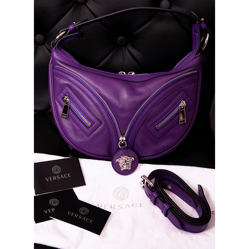 NEW VERSACE $1995 Purple Leather RUNWAY REPEAT HOBO Small BAG & CROSSBODY STRAP